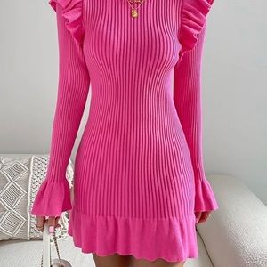 Pink Ruffle Trim Flounce Sleeve Sweater Dress